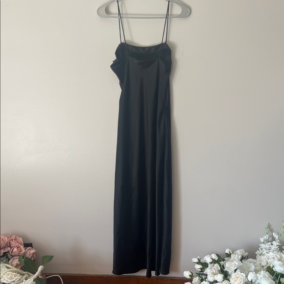 Minimalist Black Satin Maxi Slip Dress with Double Spaghetti Straps - Picture 2 of 8